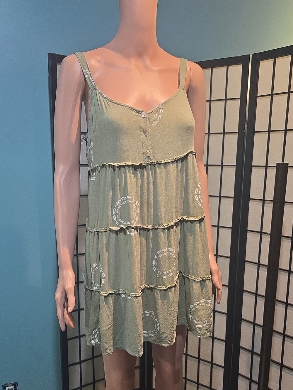 Millenium Tiered Sage Green Spaghetti-Strap Mini Dress